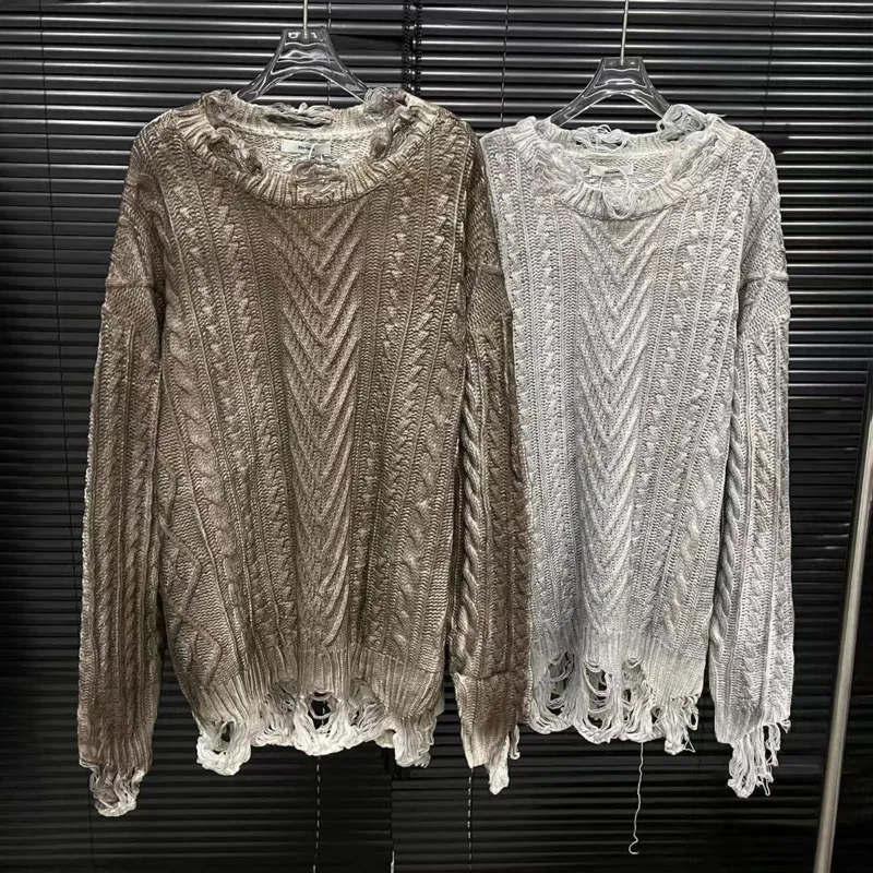 DEAT Vintage Hole Design Sweater For Women Fashion Loose Casual O-neck Knitted Top Female Trendy 2024 Autumn New Items 11A01277