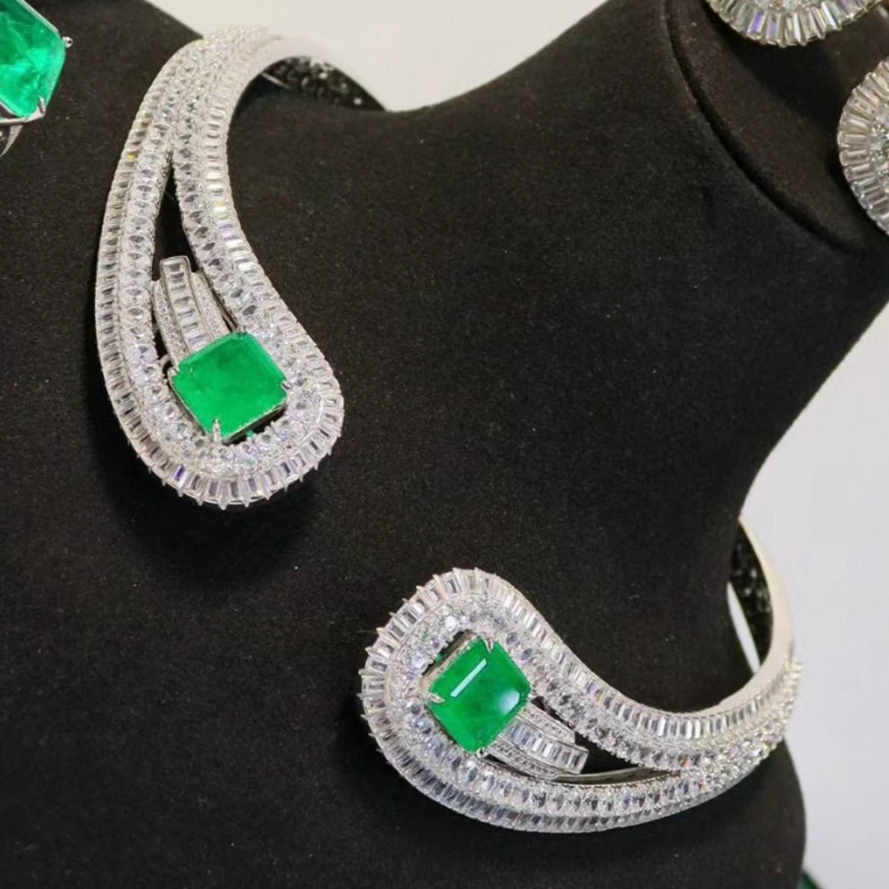 

KQDANCE Luxury Solid 925 Silver Synthetic Green Emerald Gemstone Cuff Choker Necklaces Fine Jewelry For Women Party New Design
