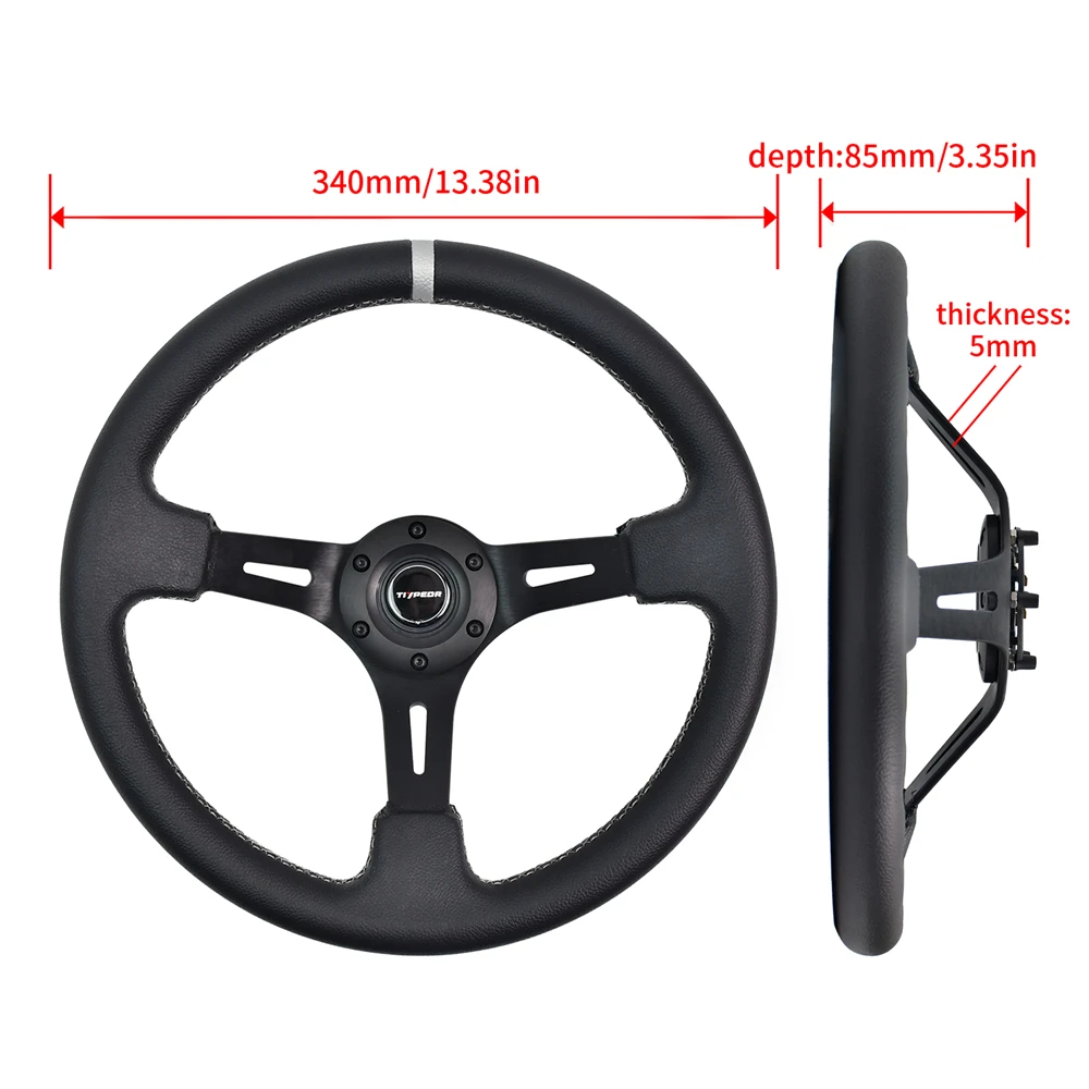 TIYPEOR 340mm Black Leather Racing Steering Wheel Deep Concave 6 Holes Universal Sports Steering Wheel With Grey Interface