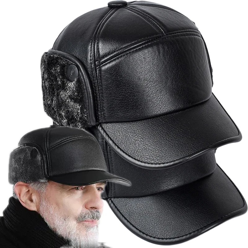 Winter Warm Cap Men Black Leather Fur Baseball Cap Hats for Men Snapback Father Casquette Bones Dad Caps Gorras Earflaps Thicken