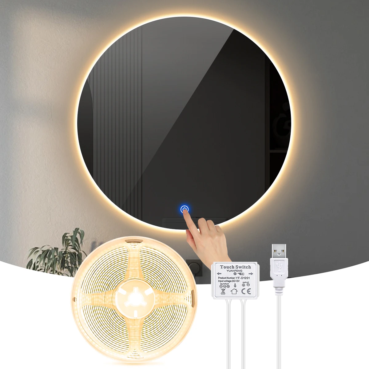 USB 5V LED Vanity Makeup Mirror Back Lighting COB LED Strip Light Penetrate Glass Touch Dimmable Switch For Dressing Table Lamp