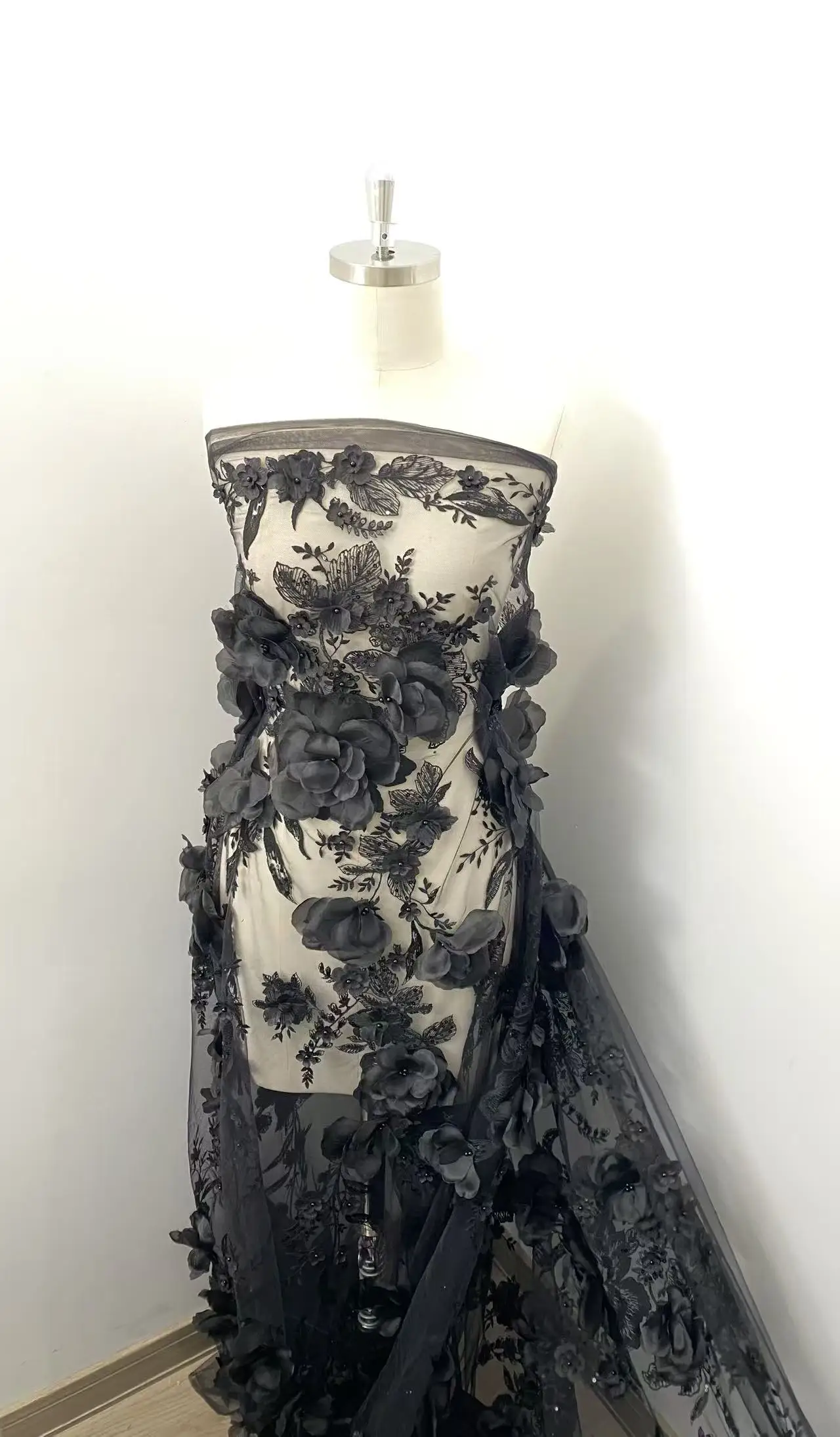Luxury 3D Floral Embroidered Tulle Fabric with Black Beads For Wedding Dress Bridal Party Gown