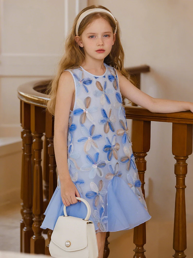 Baby Girls Summer Vest Sleeveless Thin Dresses 3yrs 13T Kids Blue Flower Gauze Patchwork 110cm 170cm Princess Birthday Wear