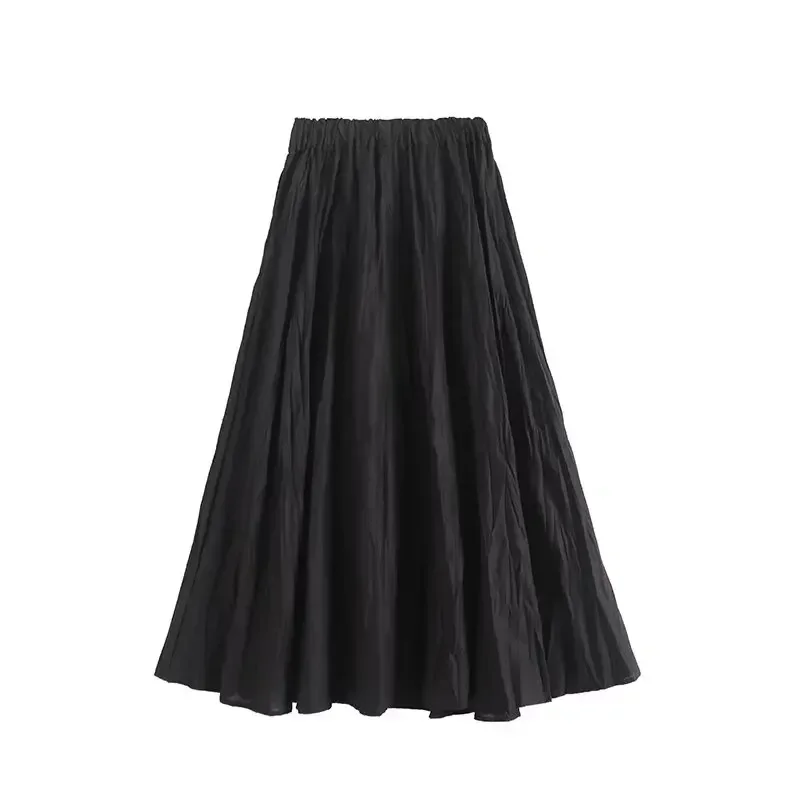 Women's 2024 New Fashion Chic Wild Linen Pleated Long Skirt Retro Elastic Waist Women's High Waist Skirt Mujer