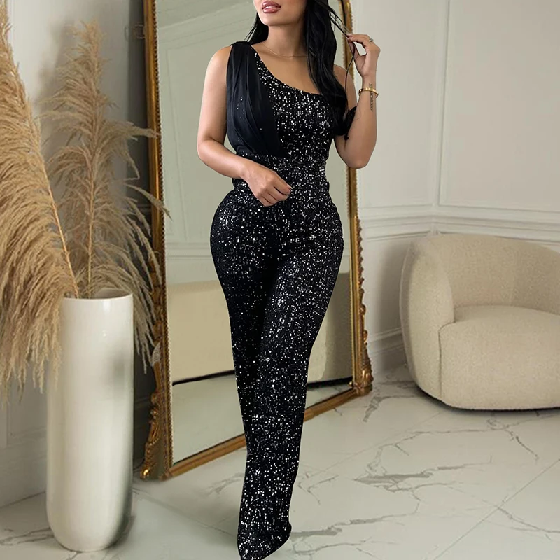 

Fashion Sexy Night Club Women Rompers Temperament Sleeveless One Shoulder Sequin Jumpsuit Elegant Backless Solid Party Playsuits