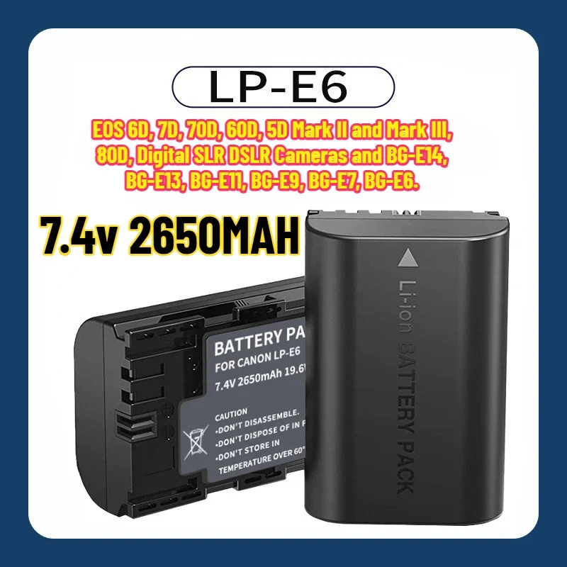 

2/4PCS 7.4V 2650mAh LP-E6 LPE6 Battery for Canon for EOS 5D 5DS Mark II 2 III 3 6D 7D 60D 60Da 70D 80D 90D DSLR