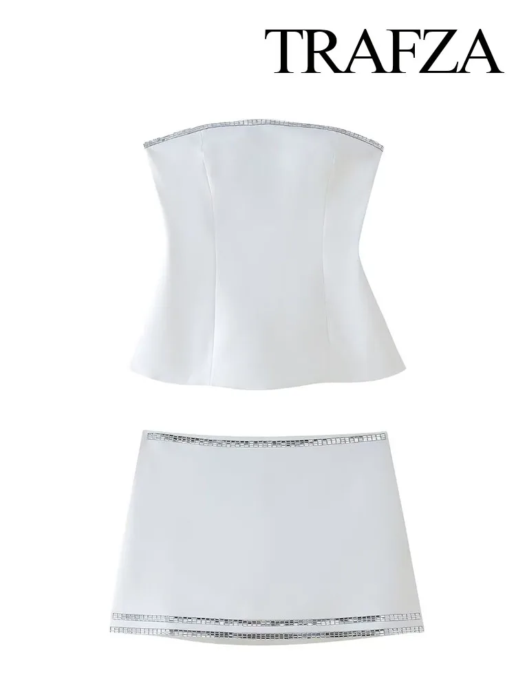 TRAFZA Women 2 Piece Set Chic Jeweled Decoration Sexy Sleeveless Strapless White Tops+Woman High Waist A-line Short Skirt Mujer