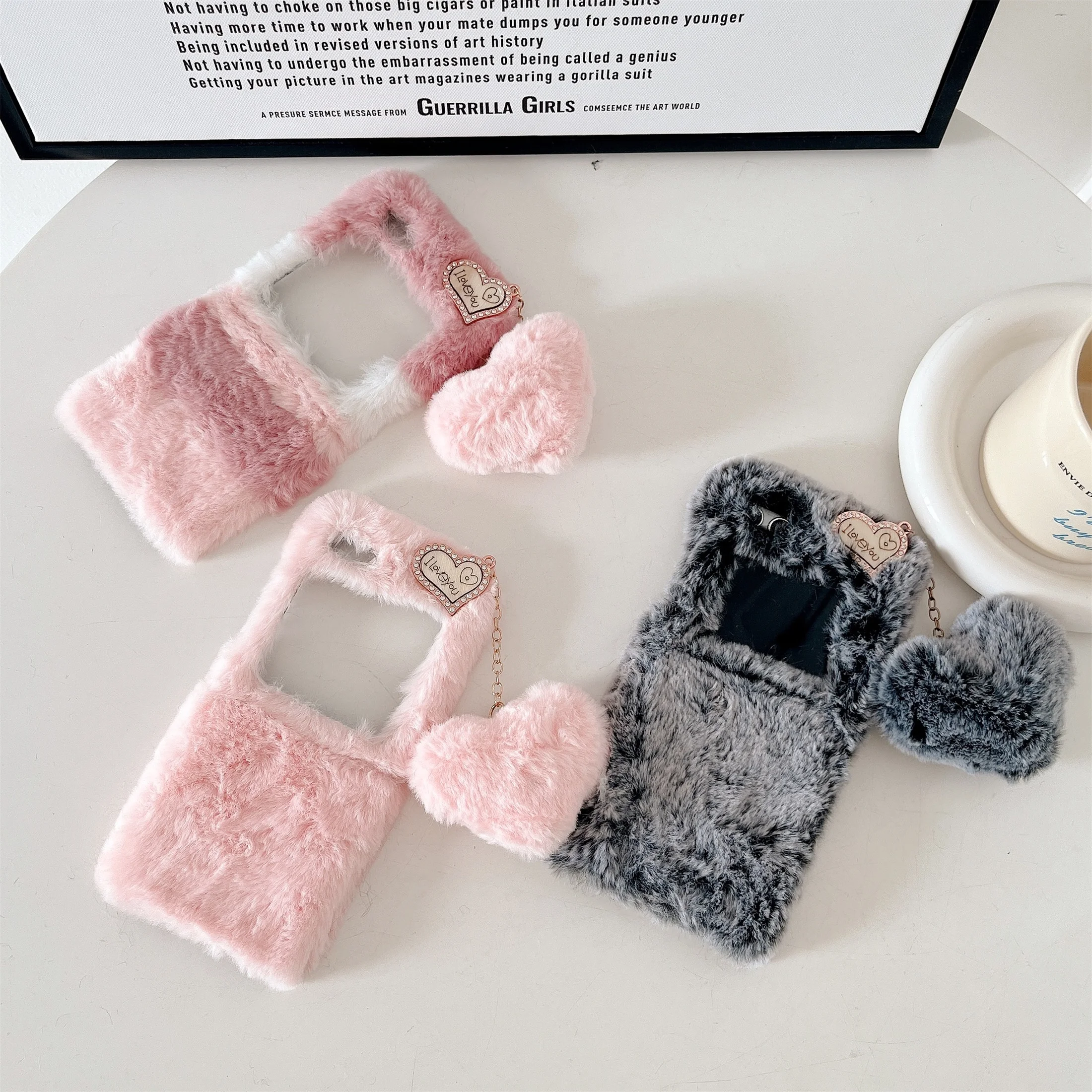 3D Cute Love Pendant Plush Phone Case For Samsung Z Flip5 Warm Winter Fluffy Cover for Galaxy Flip Z 5 Cases