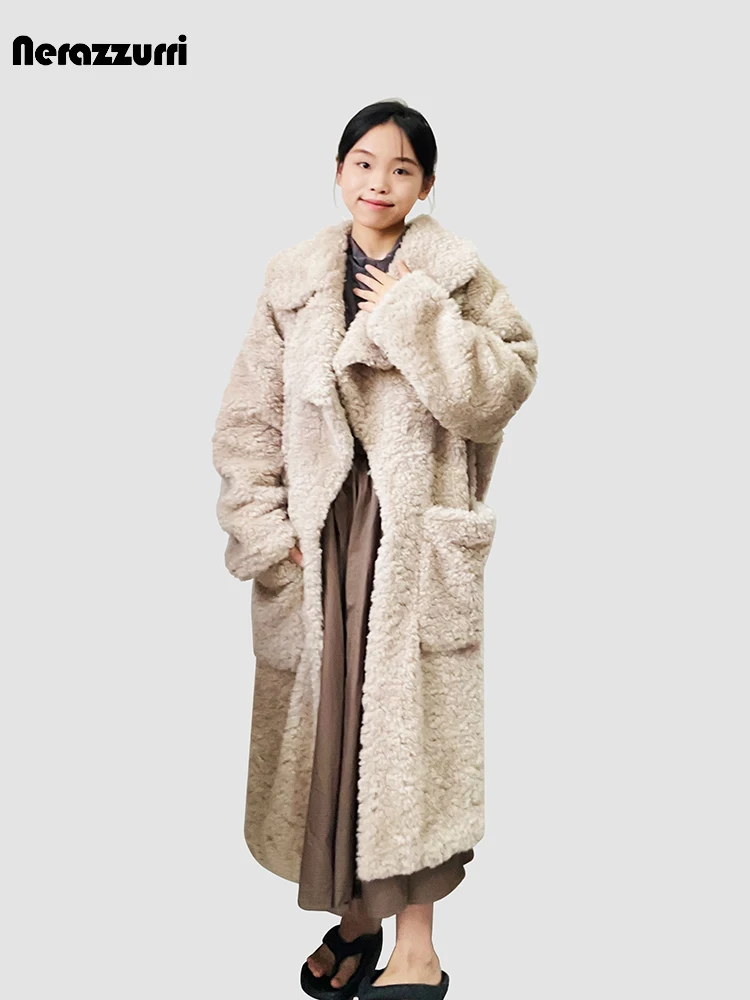 Nerazzurri Winter Long Oversized Warm Soft Fuzzy Fluffy Faux Fur Coat Women Pockets Lapel Loose Casual Chic Korean Fashion 2023