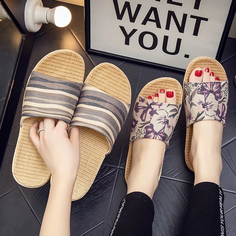 Summer Linen Slippers for Men and Women Couples Four Seasons Home Indoor Anti-Slip Mute Wooden Floor Fabric Sandals and Slippers