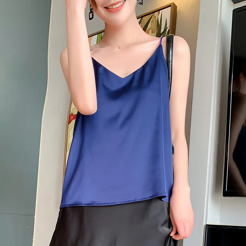 Colete de cetim de seda v-ne feminino solto ajuste interno terno superior sexy na moda verão outerwear commute sle cor pura