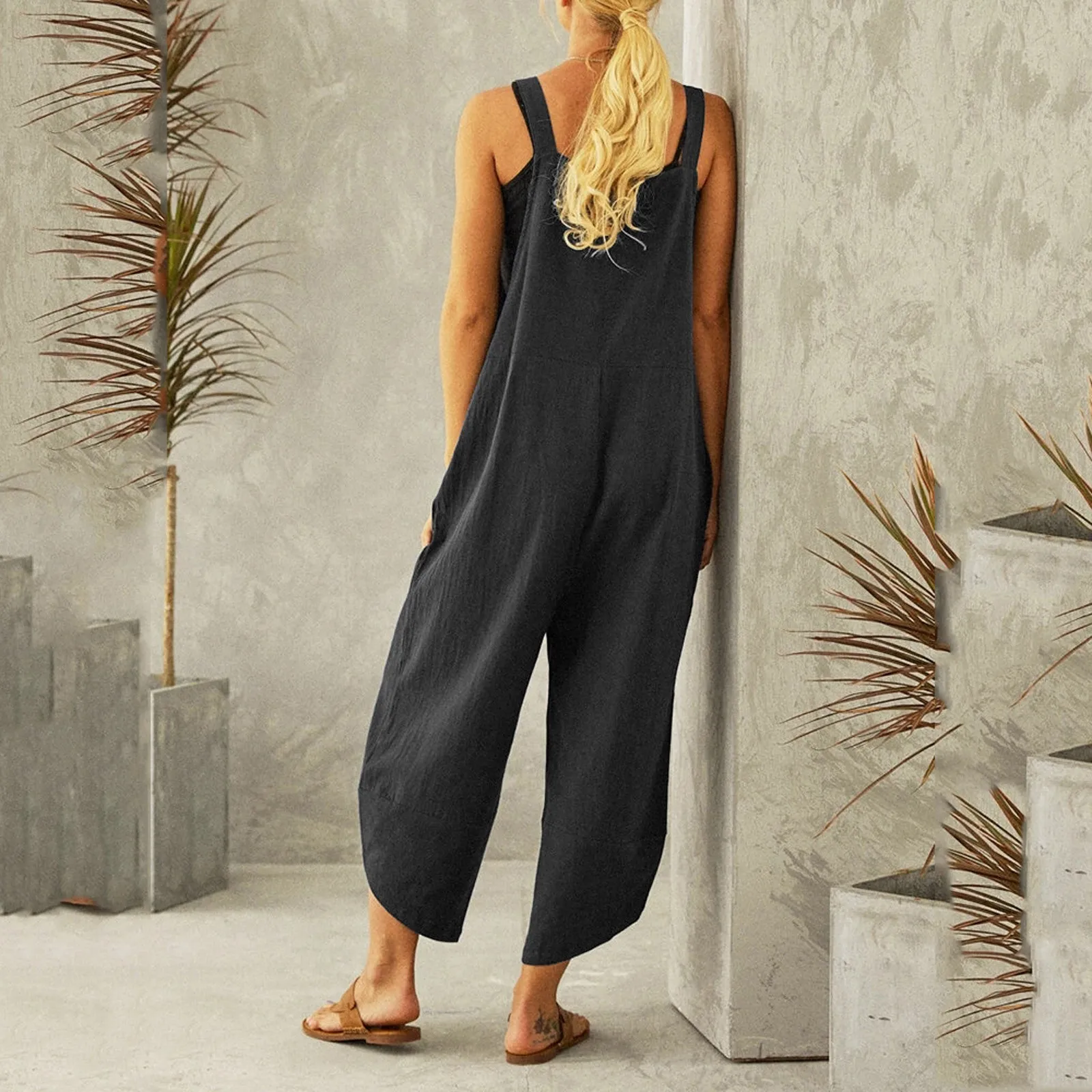 Women Loose Wide Leg Overalls Summer Adjustable Solid Color Cotton Linen Baggy Full Trousers Female Jumpsuits Oversized