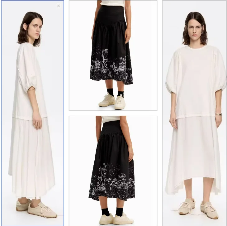 

Foreign trade Spanish white patchwork style women's casual loose dress black pleated print medium length women's skirt
