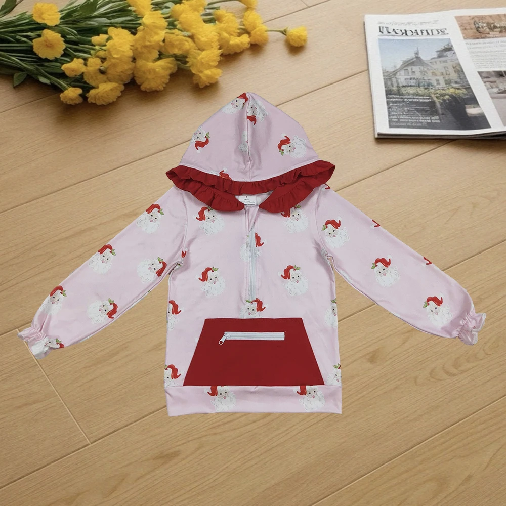 

9.20 Wholesale Hot Sale Western Boutique Embroidery Baby Girls Pink Long Sleeves Santa Pocket Zipper Hoodies Top