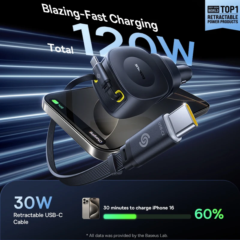 Baseus Car Charger 60W 100W 30W 240W 4 ports Built in Dual Retractable Cable PD Fast Charging USB Type-C Car Phone Charger