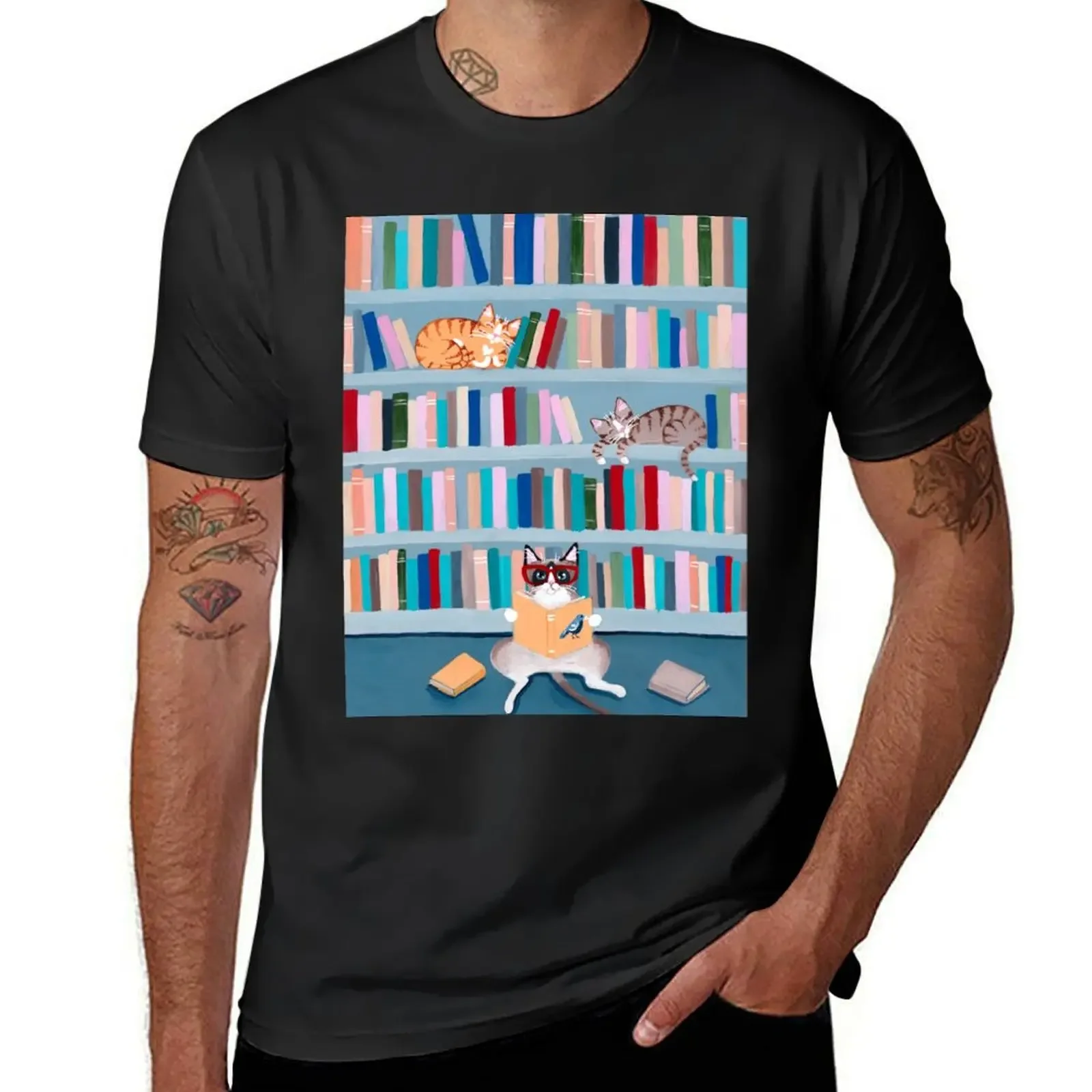 

Cats in the Library T-Shirt graphic t shirts man t shirt plus size clothes mens big and tall t shirts