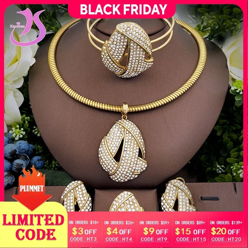 

Luxury Zircon Jewelry Set African Dubai Gold Color Pendant Necklace Bracelet Chic Stud Earring Set For Women Birthday Gifts