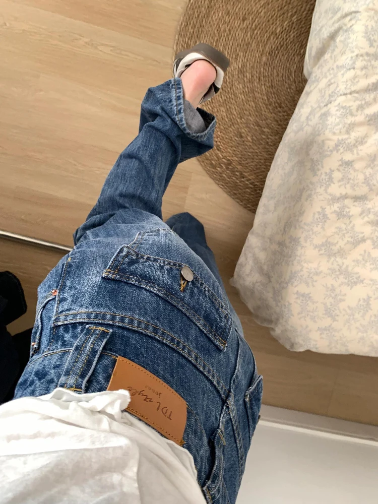 

American Retro Blue Loose Straight Leg Jeans Women's Spring Autumn New Design Slimming Narrow Version Wide Leg Pants