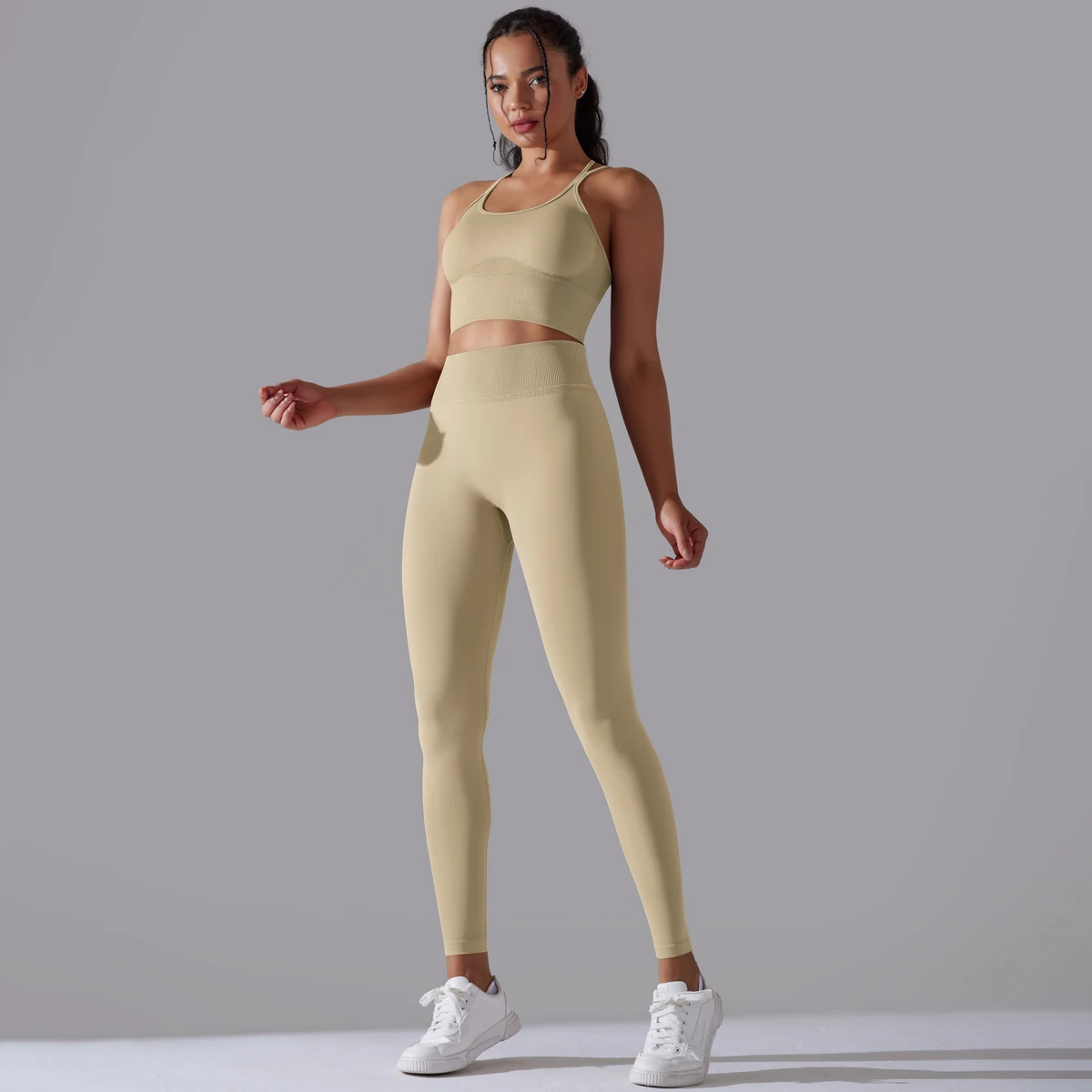 Gebürstetes Yoga-Set für Damen, 2-teilig, Workout, Sportbekleidung, überkreuzter Rücken, Sport-BH, hohe Taille, Leggings, Fitnessstudio, Kleidung, Sportanzüge – Detail 40