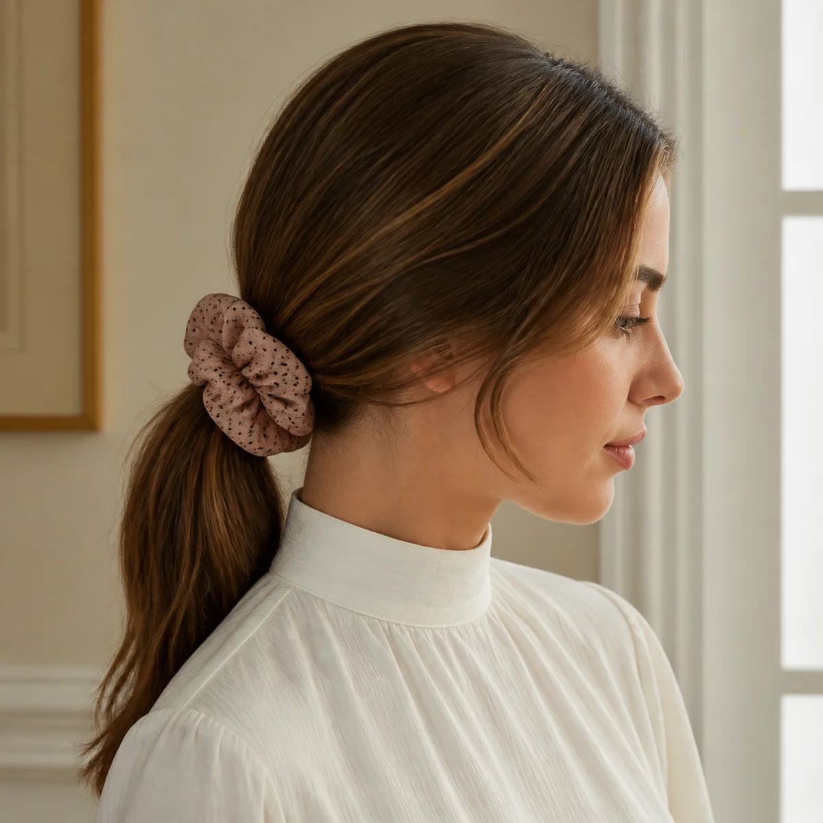 Dusty Rose Beige Dark Brown Polka Dot Ruffled Double-Layer Hair Scrunchie for Ponytails and Buns 2