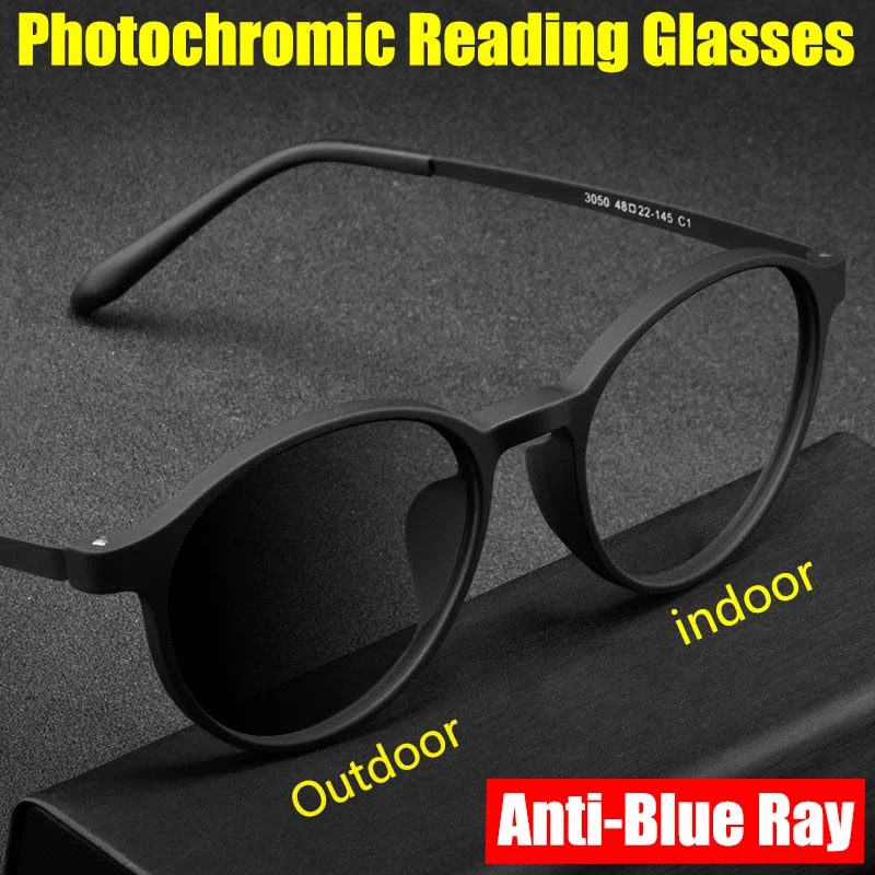 

Fashion Sports Photochromic Reading Glasses Men's Women TR90 Anti-Blue light Business Eyeglasses Diopter +0 To +6.0 Customizable