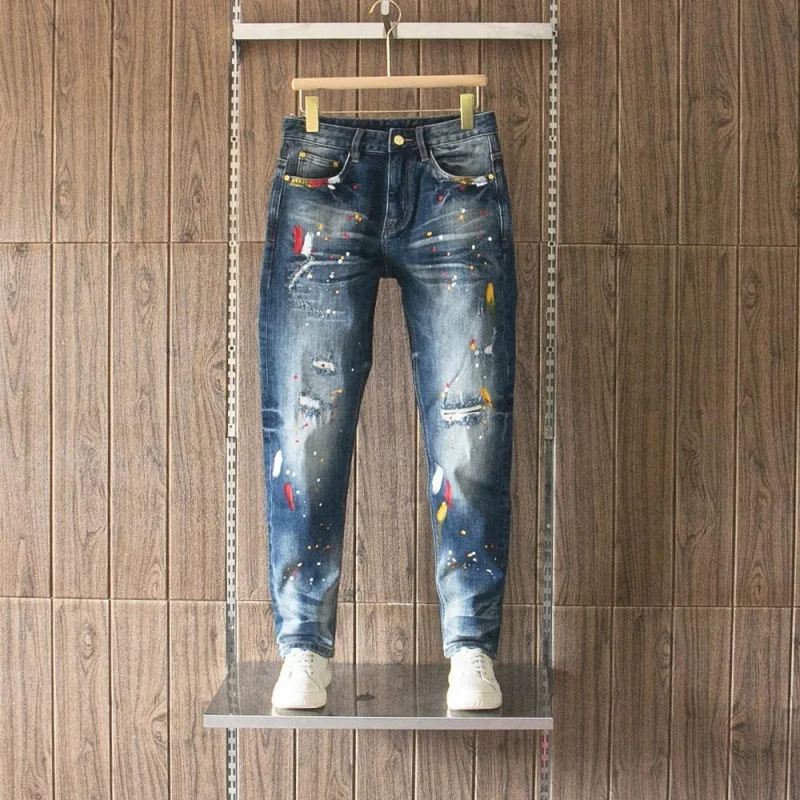 

2026 New Streetwear Style Men's Long Denim Pants, Vintage Ink Print, Soft, Stretchy, Slim, Biker Style, Stylish Jeans For Men
