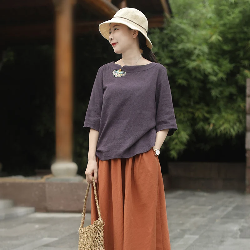 LZJN Vintage Cotton Linen Blouse for Women, Chinese Tang Dress, Loose Tea Dress, Summer National Style, Art