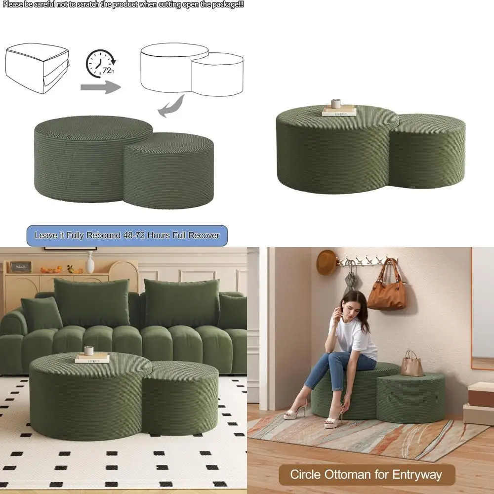 グリーンコーデュロイ張りの丸型オットマンのペア、32インチと17インチのリビングルームと玄関用サイドテーブル、フットレスト付き、組み立て不要