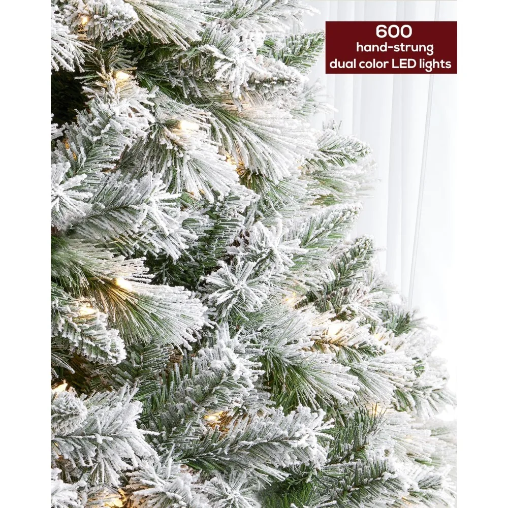 7.5FT Pre-lit Snow Flocked Christmas Tree Spruce with Remote Control, 600 Warm White Multi-Color Lights