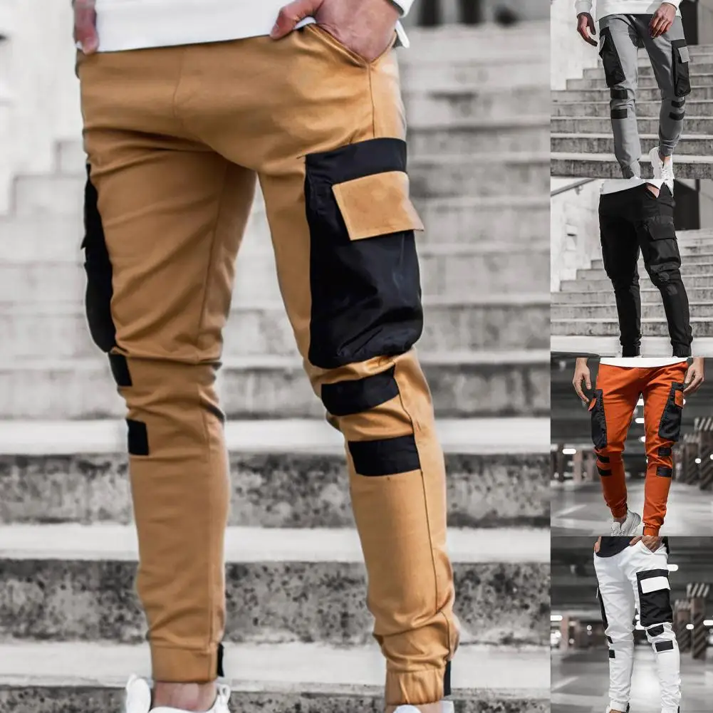 Stylish Men Pants Elastic Large Side Pockets Contrast Color Slim Fit Men Jogger Pants  Cargo Pants String Closure