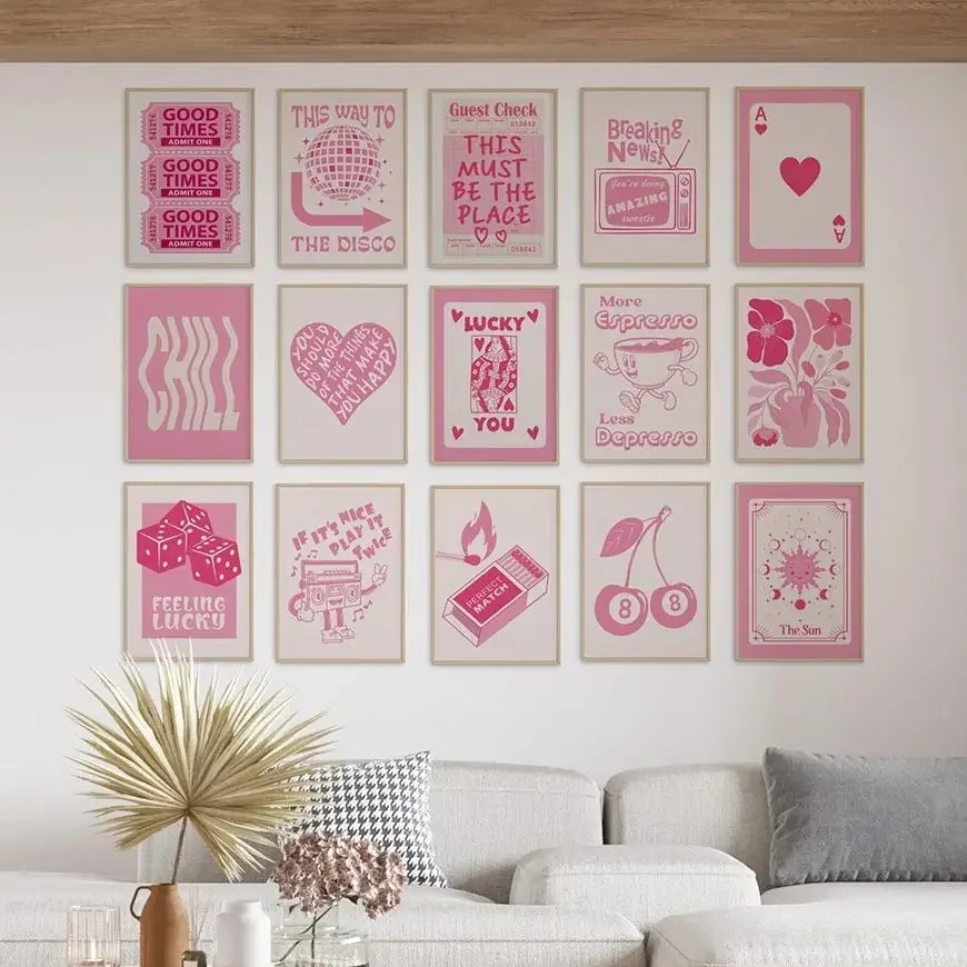 (2D Canvas painting) Retro Trendy Wall Art Guest Check Prints Lucky You Poster Blush Light Pink Preppy Room Decor Apartment A