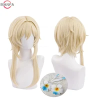 En stock, peluca de Cosplay de Traveler Lumine, pelo sintético medio largo Rubio resistente al calor, pelucas de Cosplay de Anime Genshin + gorro de peluca