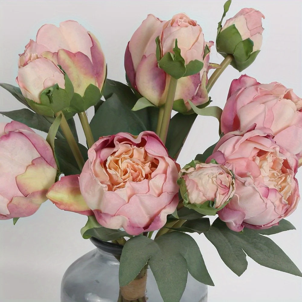 2 Bouquets Peonies Artificial Flowers Vintage Fake Silk Peonies with Single Stem Faux Peonies for Wedding Centerpieces for Table