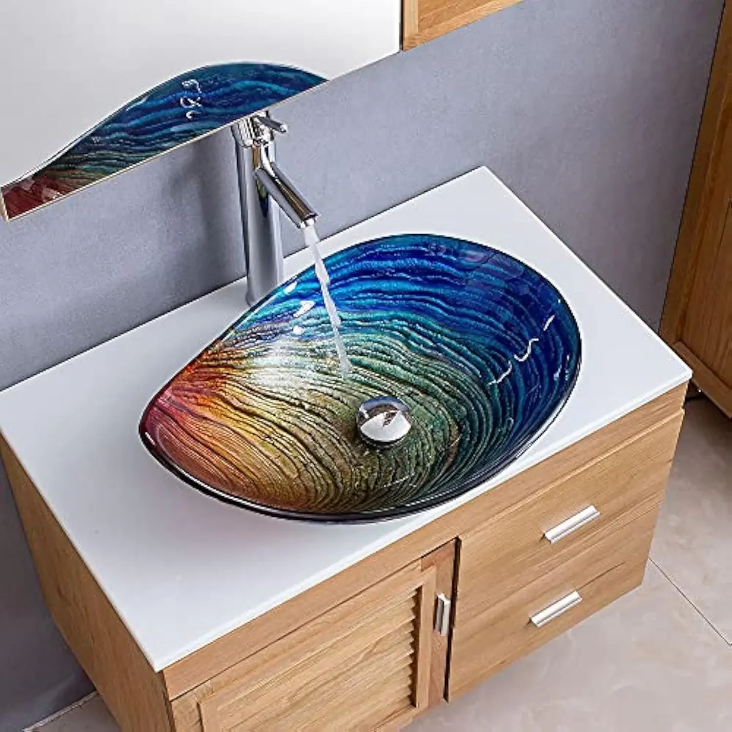 

Multicolor Teardrop - Shaped Tempered Glass Vessel Sink for Bathroom Vanity, an above - drop art design ideal for hotel