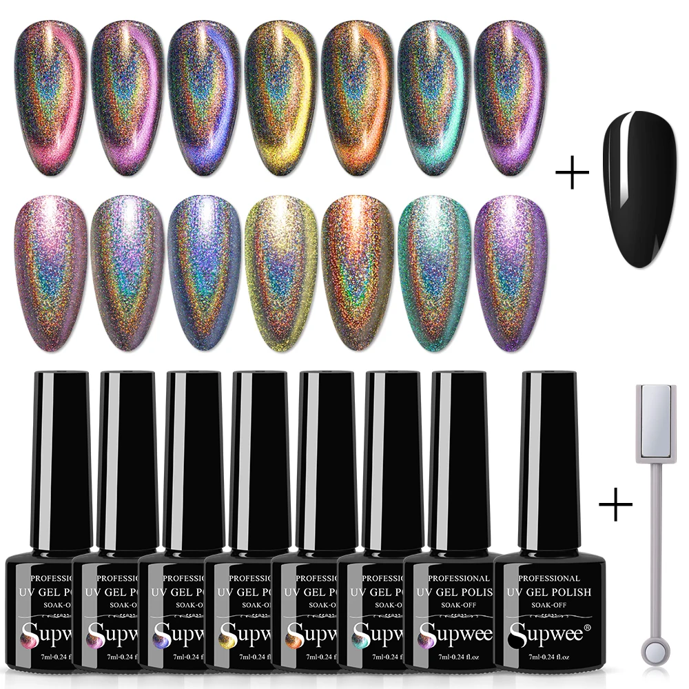 

SUPWEE 8PCS/Set Gel Nail Polish Holographic 9D Cat Eye Gel Magnetic Semi Permanent UV LED Laser Gel Nail Varnish Manicure Kits