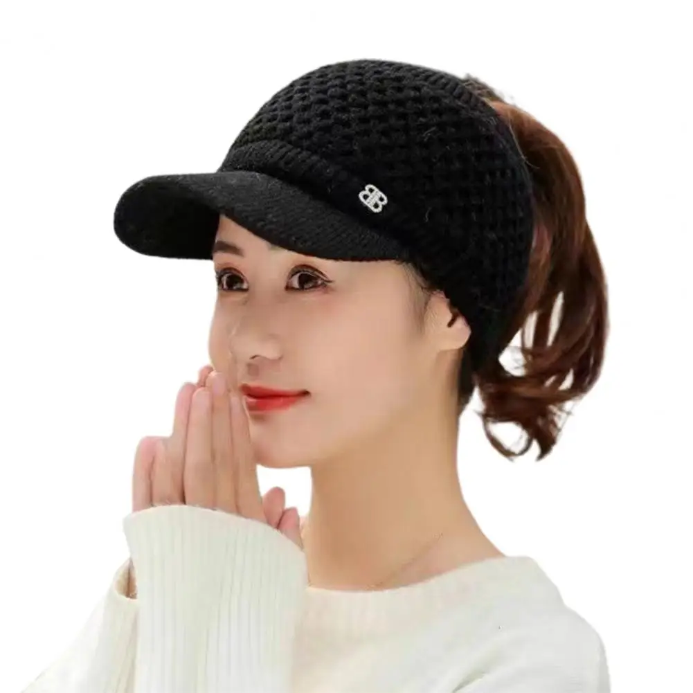 Knitted Hat Empty Top Plush Lining Peaked Stretchy Keep Warm Autumn Women Sports Cap for Outdoor