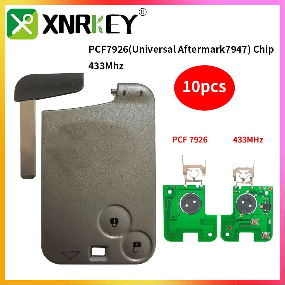 XNRKEY 2 Button10pcs Smart Card Key PCF7926(Universal Aftermark7947) Chip 433Mhz No Words No Logo Grey Blade for Renault Laguna
