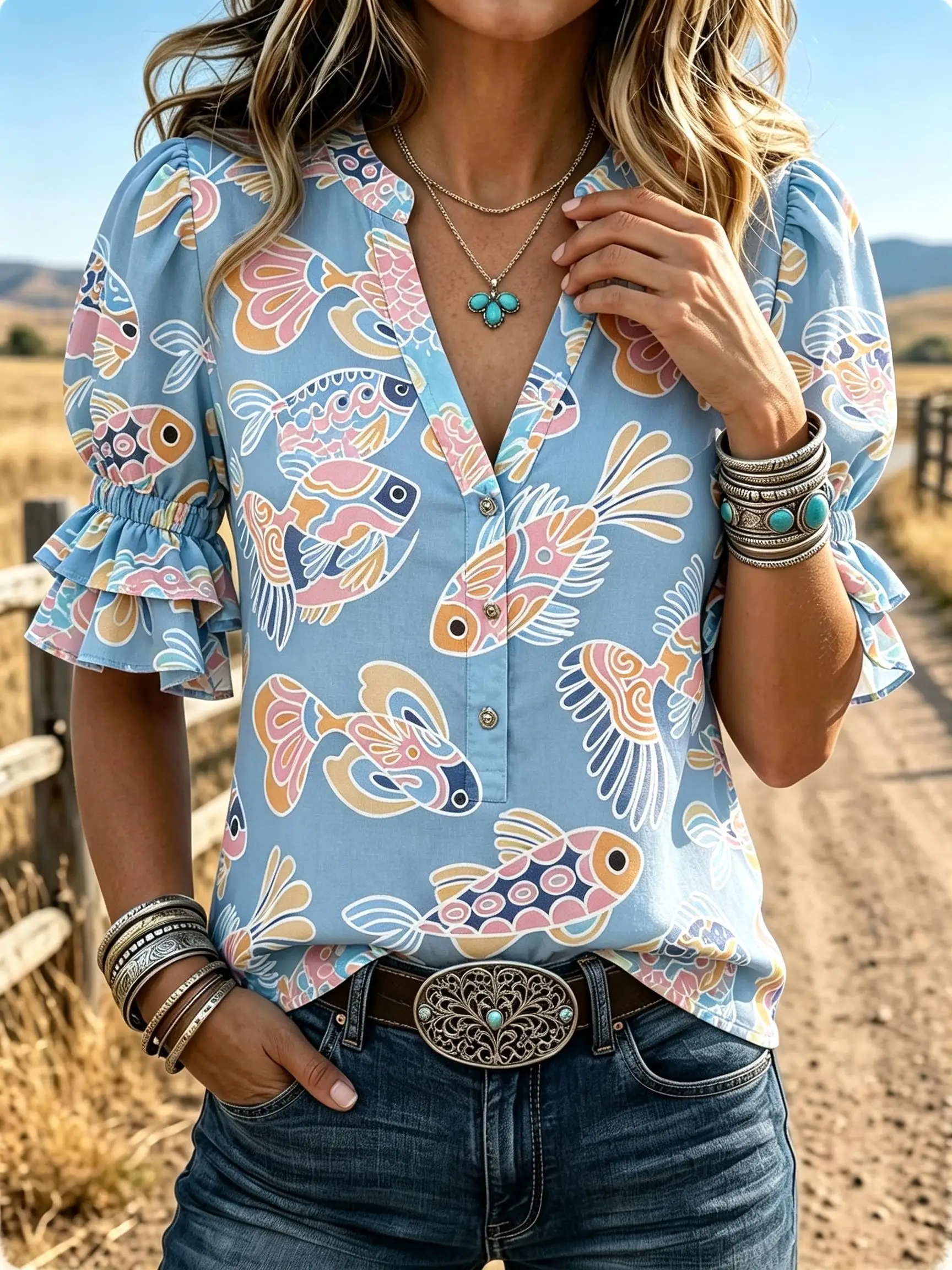Chemise à manches courtes pour femmes, design distinctif, imprimé élégant, hauts féminins pour activités de plein air, tenue décontractée quotidienne