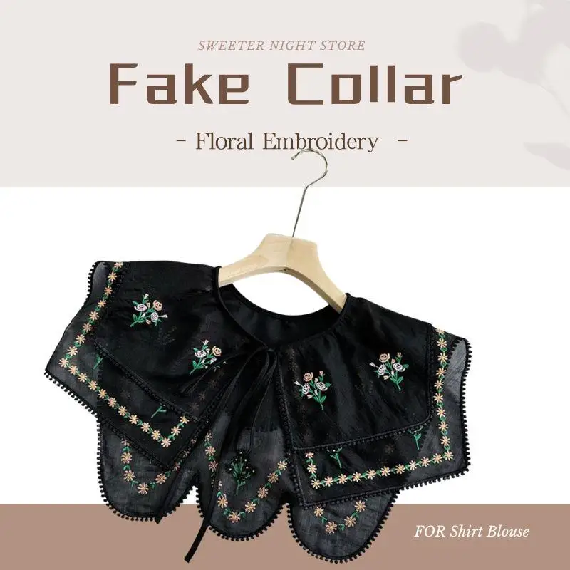 

Women Shirt Blouse False Collars Detachable Little Shawl Top Floral Embroidery Doll Lapel Shawl Fake Collar Shoulder Wrap Tie