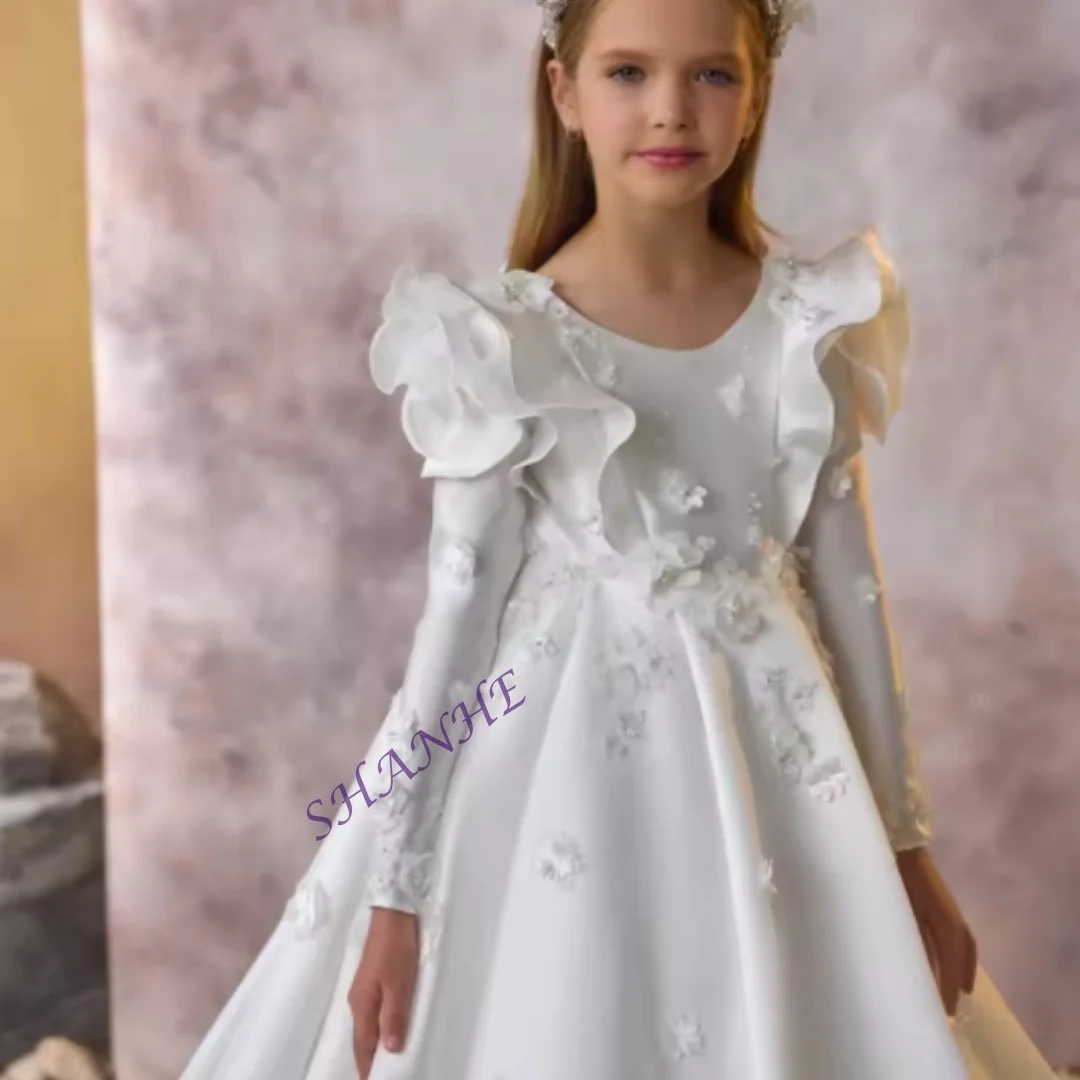 CustomizedLong Sleeve Flower Girl Dresses For Wedding 3D Floral Customized Litter Kids Baby Birthday Gowns First Communion Dress