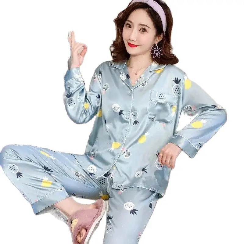 

Fashion Pajamas Women Spring And Summer Ice Silk Korean Version Of Long-sleeved Sexy Large-size Silk Printed Home Clothes Female