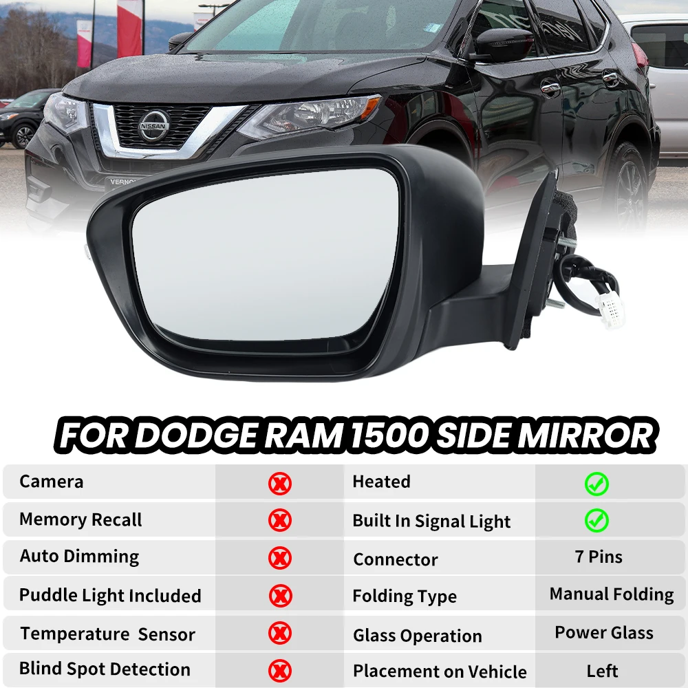 7 Pins Door Side Mirror Assembly For Nissan X-tail / Rouge T32 2014-2021 US Version Gloss Black Heated Wing Mirror Accessories