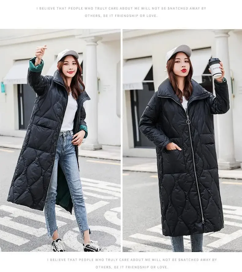 Winter European New Women's Down Jacket Commuting Splicing Windproof Stand Up Collar Long Down Jacket