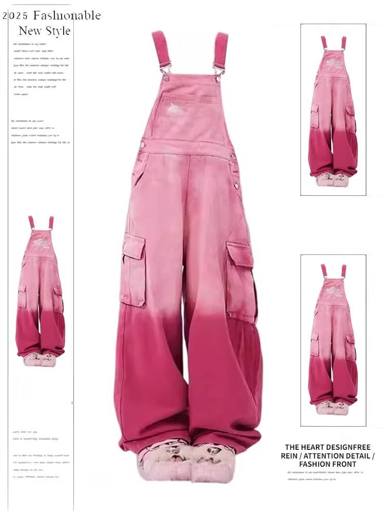 

Dopamine Gradient Letter Embroidery Pink Workwear Overalls Women's Autumn Winter Loose Age-Defying Wide Leg Jumpsuits