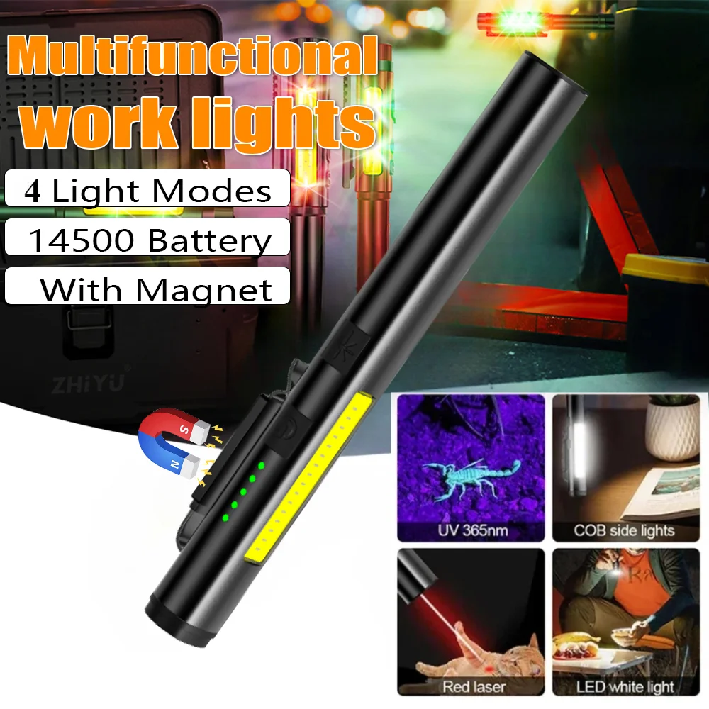 Magnetic LED Work Flashlight 14500 Rechargeable Battery COB+XPE Pen Clip Light Bright Outdoor Camping Emergency Flashlight