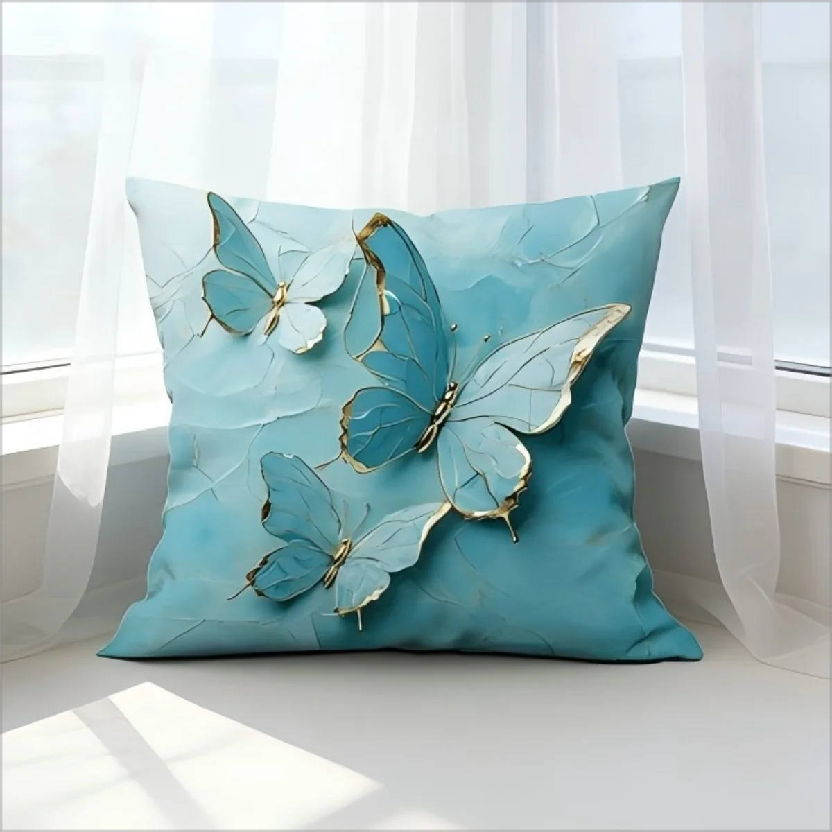 2D-Gedruckter Luxus-Kissenbezug in Blaugrün mit Schmetterlingsmotiv, Goldfolie 2D-Effekt, Boho Weicher Zierkissenbezug für Heim-Sofa-Dekoration, Geschenk