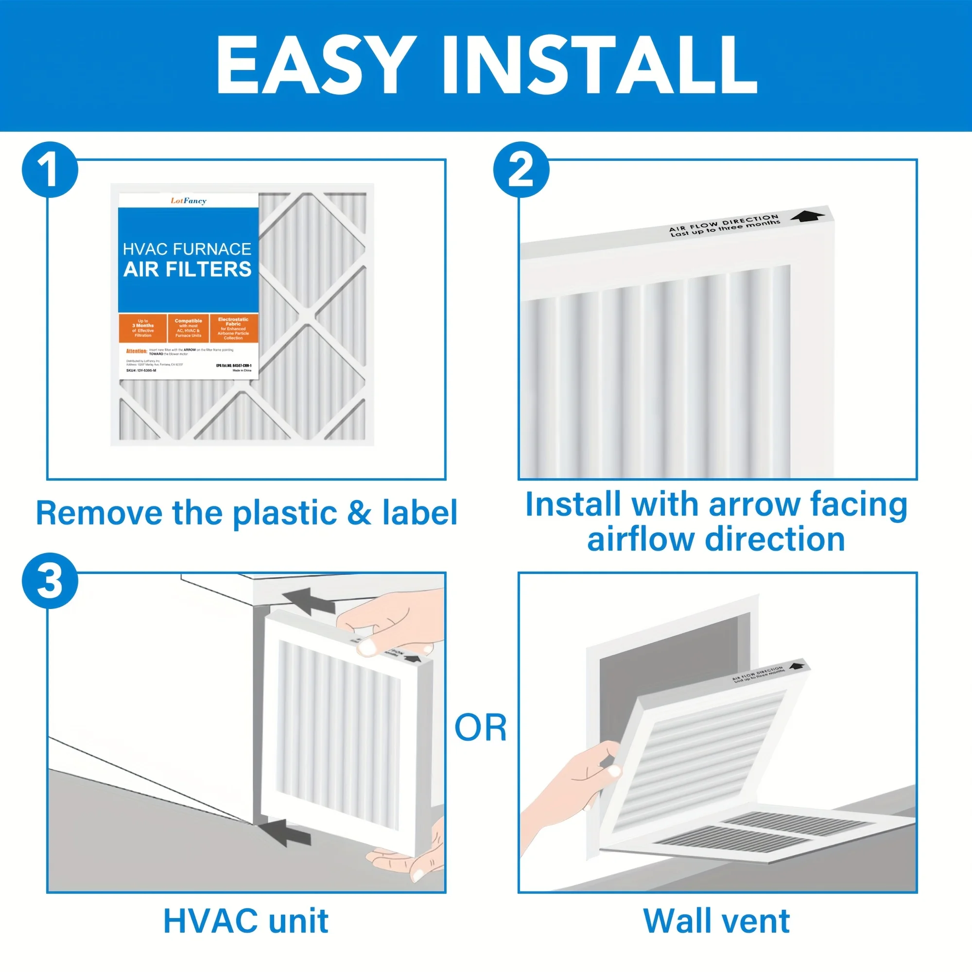 

4-Pack LotFancy Electrostatic Air Filter MERV 11 Suitable for AC Furnace, HVAC System, Compatible for, Captures Dust, Smog, Allergens & Pet Dander, Pleated Filter with Actual Size (19.75"x19.75"x0.75")