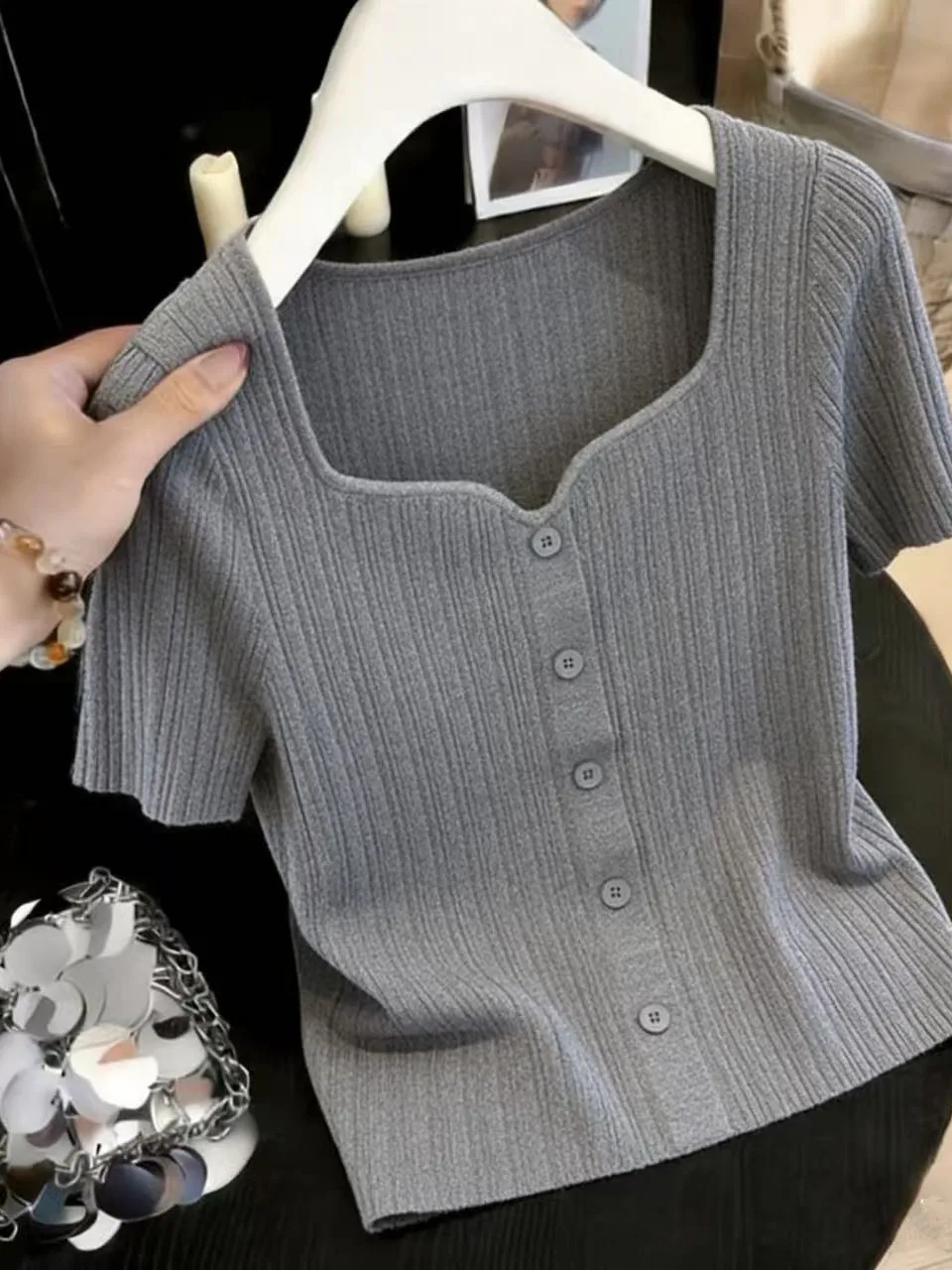 

Slimming Loose Short Sleeve T-Shirt Women's Summer Fashionable plus Size Top Breathable Knitted Korean Style Casual Wear