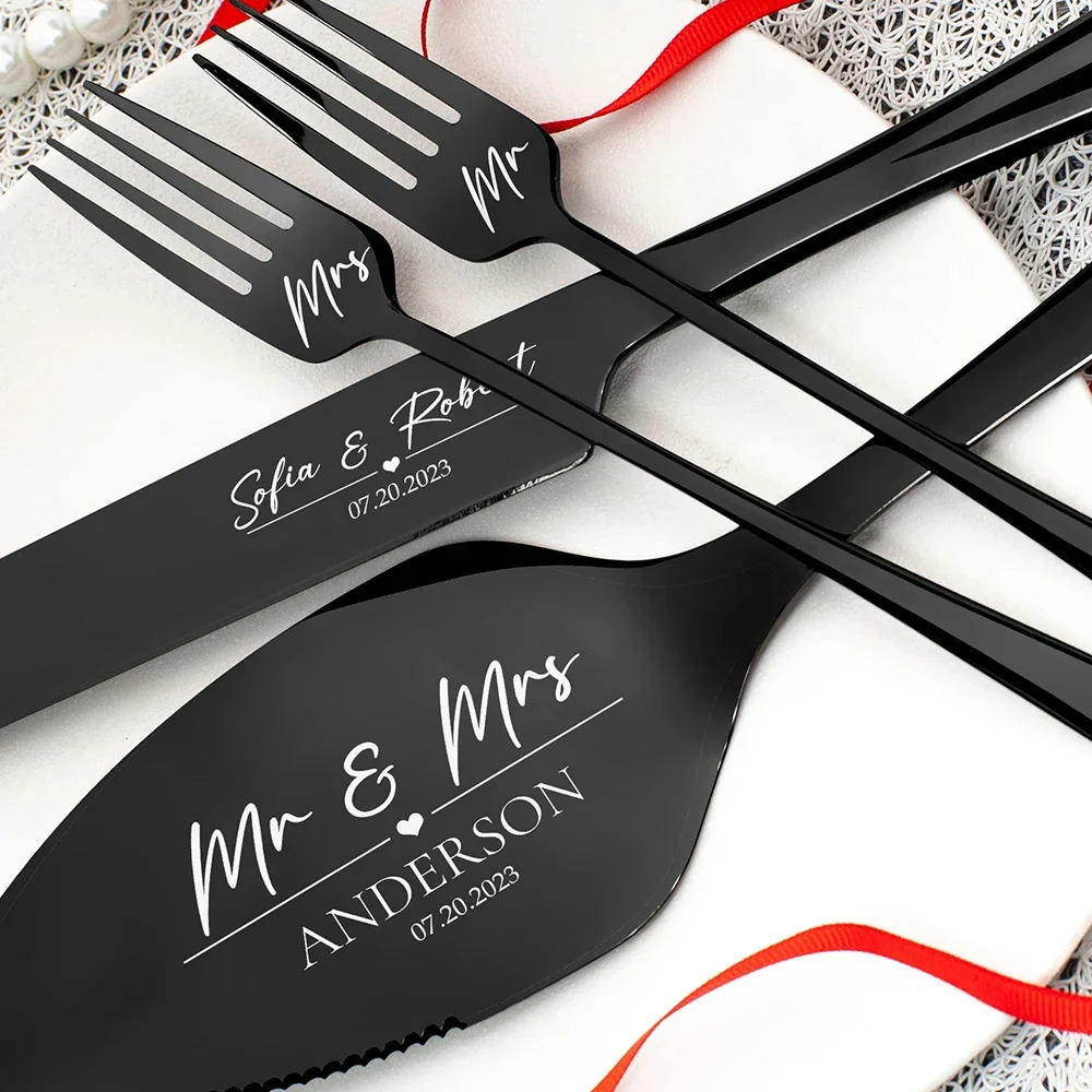 Custom Wedding Champagne Cake Cutting Set Anniversary keepsake for Mr&Mrs Stainless Steel Knife Shovel and Forks Party Gift