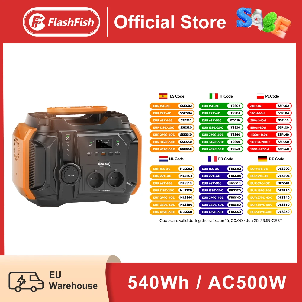 FF Flashfish A501 Portable Power Station 540Wh Lithium Batteries 500W Solar Generator 100W Solar Panel Complete Kit System Set